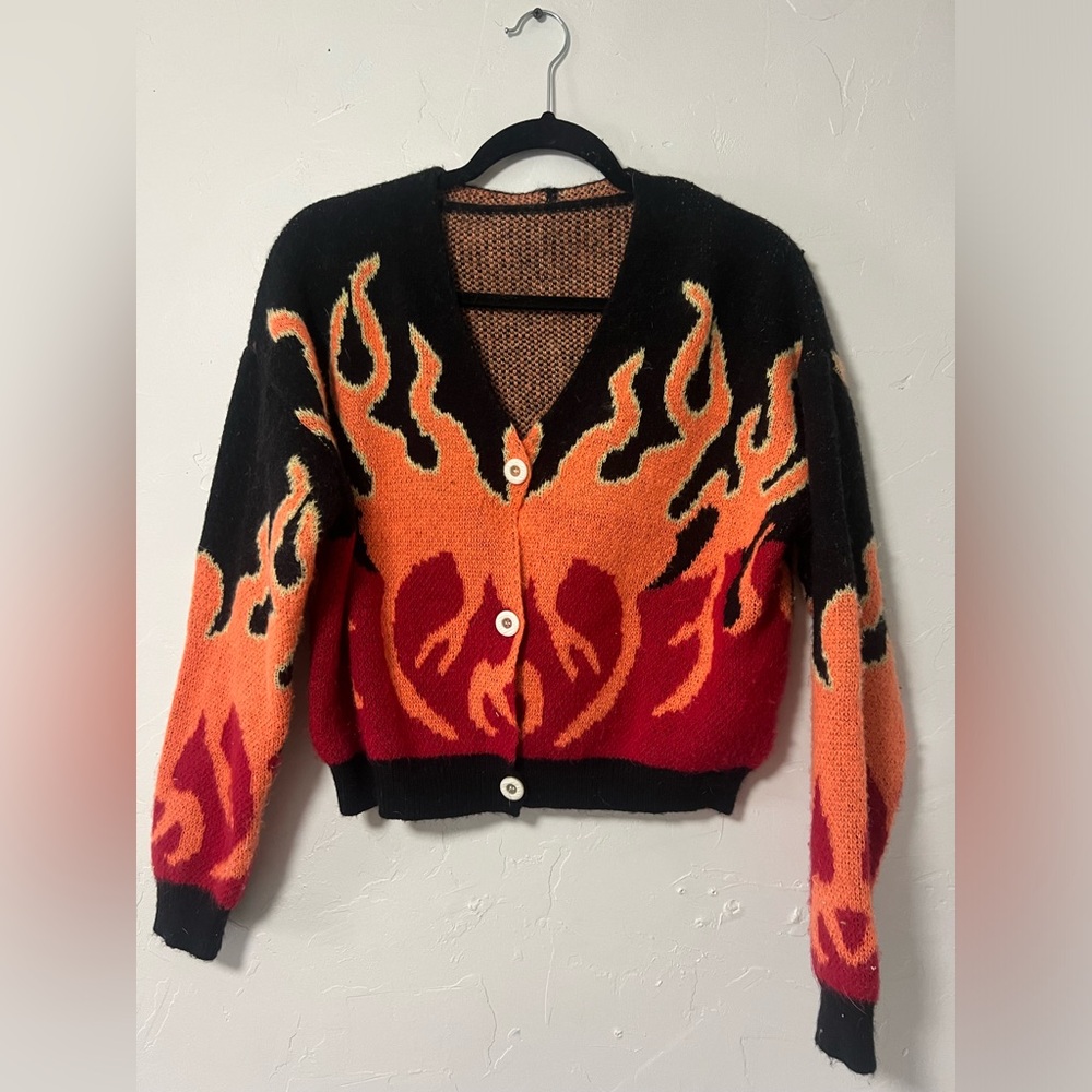 SHEIN Black and Orange Flame Cardigan